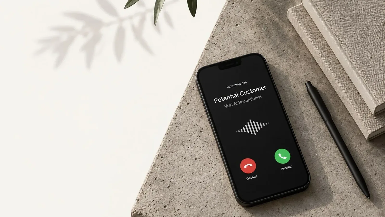 Black smartphone showing an incoming call from the Vozi AI receptionist, resting on a concrete plinth beside an olive branch