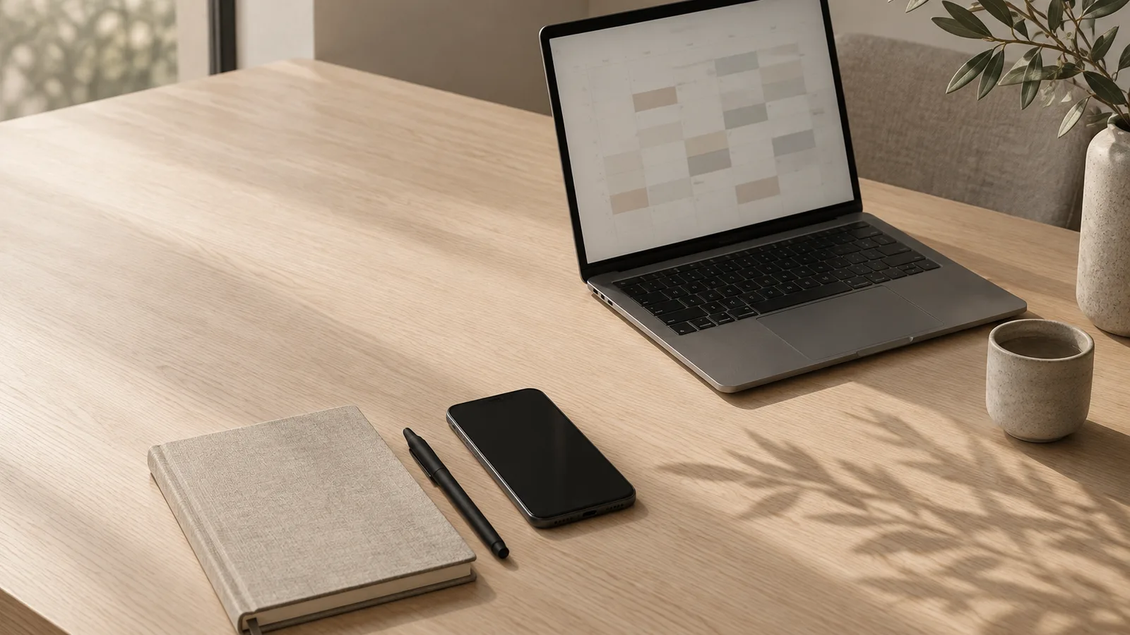 A small business desk with a laptop showing a calendar, a phone and a notebook, the tools Vozi connects to