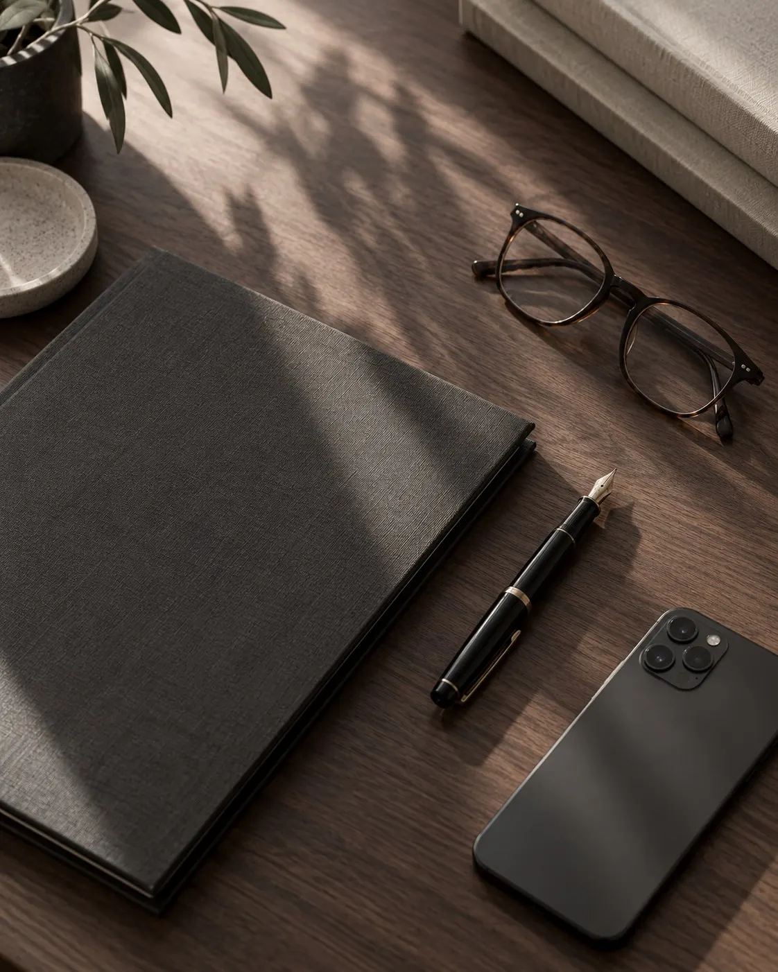 A law office desk with a document folder, fountain pen and reading glasses