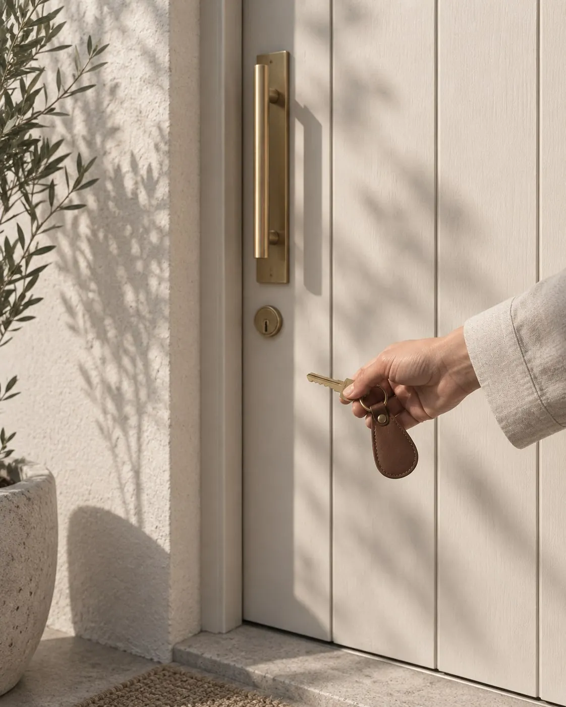 The front door of a rendered townhouse with a key held out on a fob