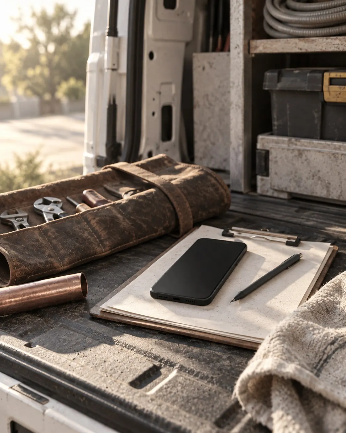 A tradie's work van with a tool roll and a phone on a clipboard